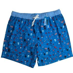 Blue Wave Men's Blue Summer BBQ USA Print Swim Trunks XL Drawstring Elastic-New